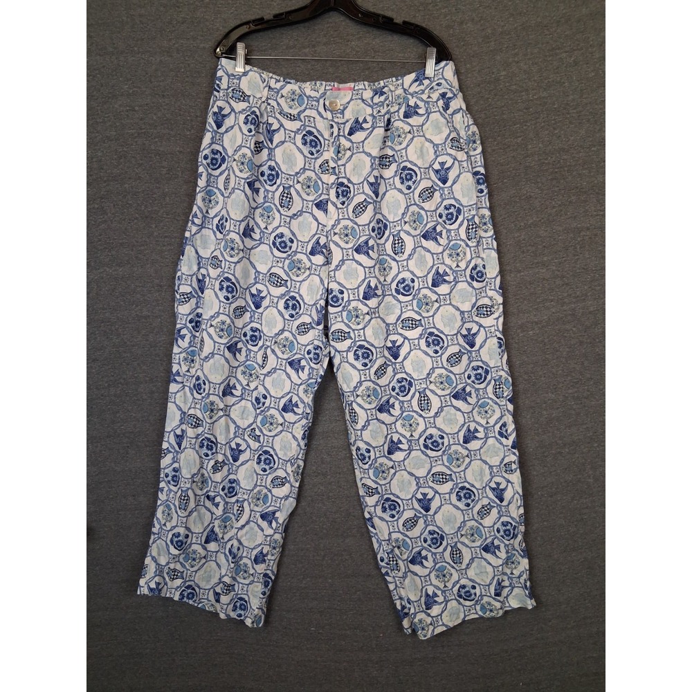 Isaac Mizrahi Womens Pant XL Blue White AOP Fish Ocean 100% Linen Coastal Resort